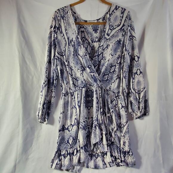 Blue Island Dress Small Snakeskin Print Long Sleeve Ruffle Hem Boho Chic - Picture 1 of 13